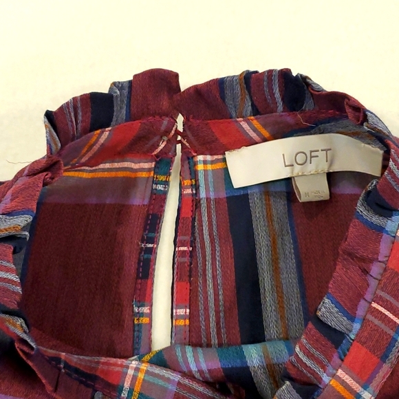 Loft Burgundy Plaid Flutter Sleeve Top - Picture 3 of 6